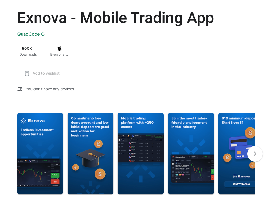 The Exnova app in the Google Play Store for Android smartphones